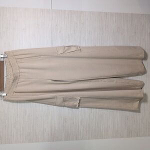 Umgee Wide Leg Knit Cargo Pants Tan Large Elastic Waist High Rise Oatmeal Sand